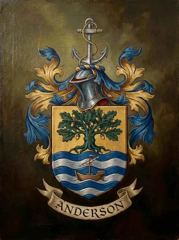 Anderson coat of arms with oak tree, anchor, and sailing ship