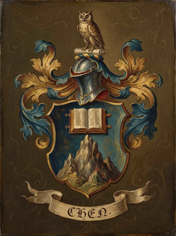 Chen family coat of arms with owl, book and mountain