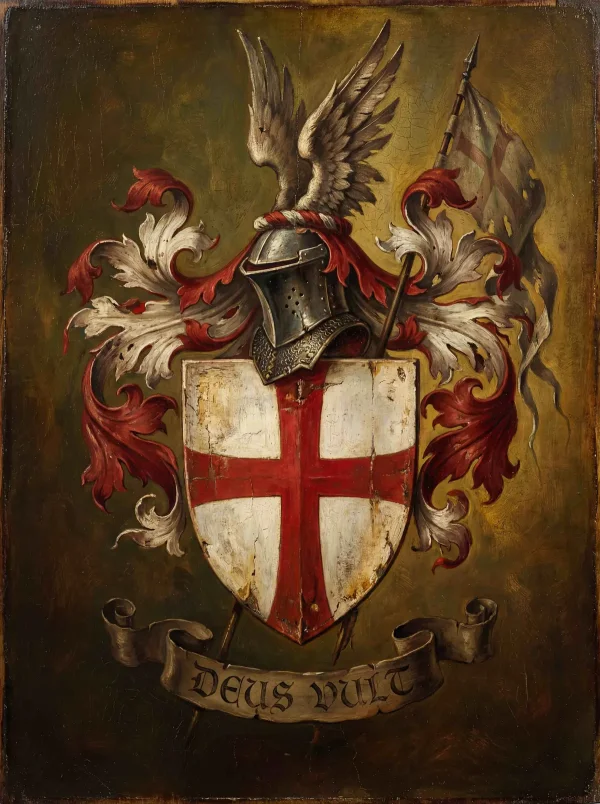 Medieval crusader coat of arms with red cross and Deus Vult motto