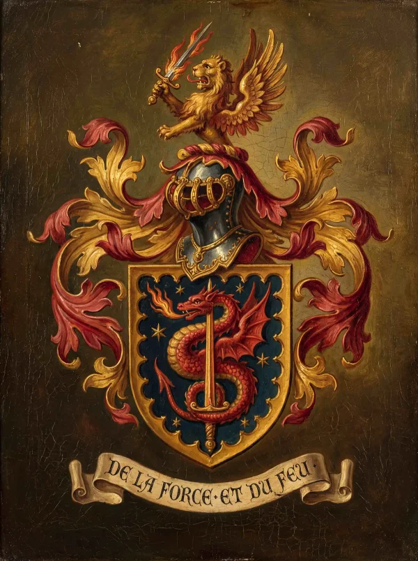 De La Force Et Du Feu coat of arms with dragon and flaming sword