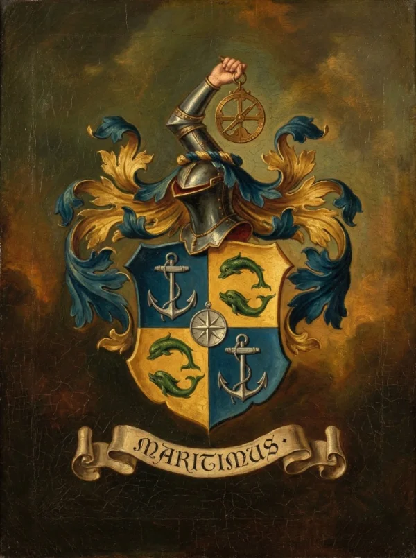 Maritimus coat of arms with anchors, compass and dolphins