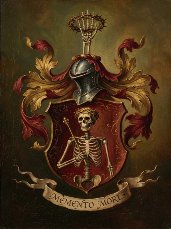 Memento Mori coat of arms with skeleton and crown of thorns