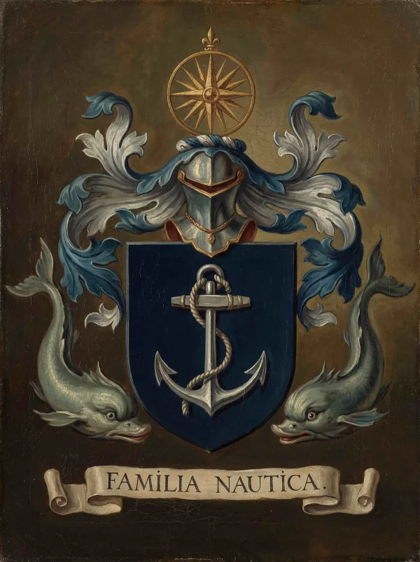Familia Nautica coat of arms with anchor, compass rose and dolphins