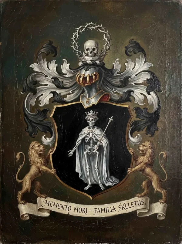Memento Mori skeleton king coat of arms with lions