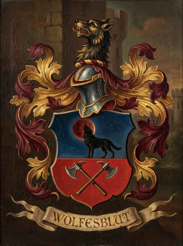 Wolfesblut coat of arms with wolf and crossed axes